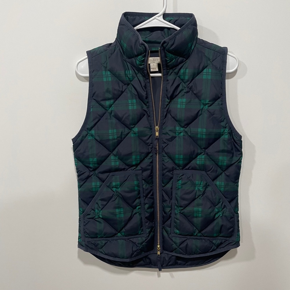 J Crew Quilted Plaid‎ Down Vest Navy Green Womens XS Puffer Padded Gilet